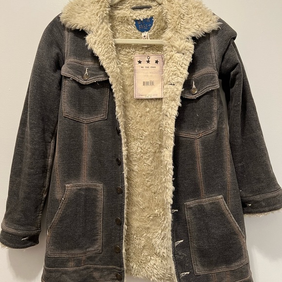 Free People we the free washed black denim Sherpa embroidered jacket NWT XS - Picture 7 of 8